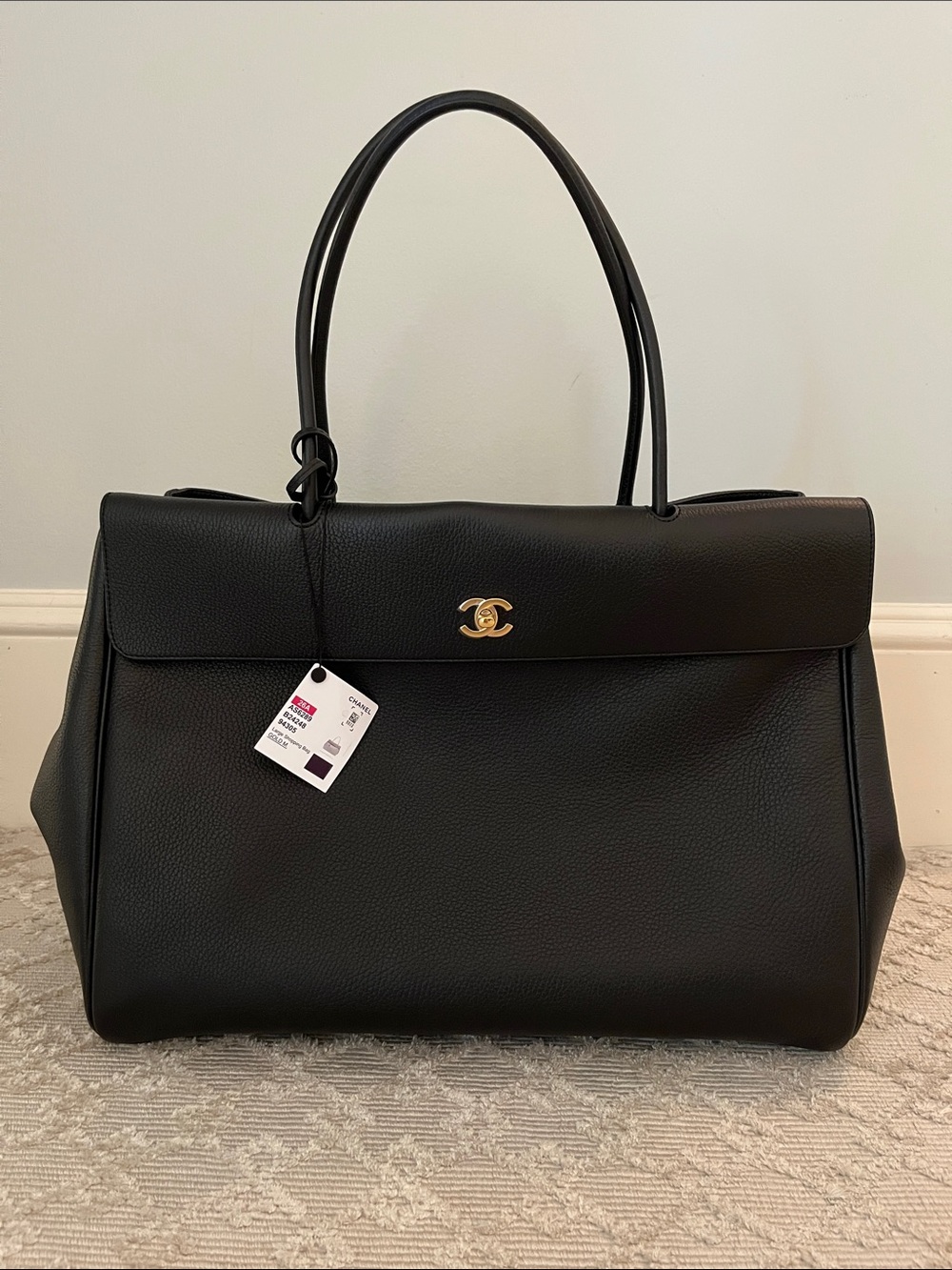 CHANEL Black Leather Structured Top-Handle Tote with Gold CC